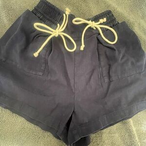 Free People Navy High-Waisted Wash Shorts - Smocked Rope Drawstring